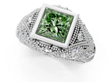 White gold Bezel Set Fancy Green Princess Cut Diamond Milgrain Band Ring_1