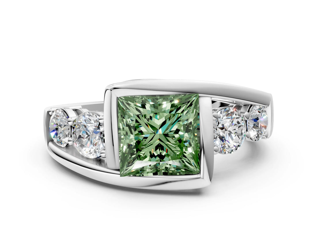 White gold Bezel Set Fancy Green Princess Cut Diamond Split Shank Ring_24