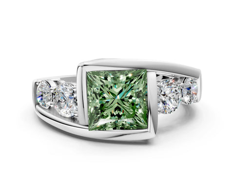 White gold Bezel Set Fancy Green Princess Cut Diamond Split Shank Ring
