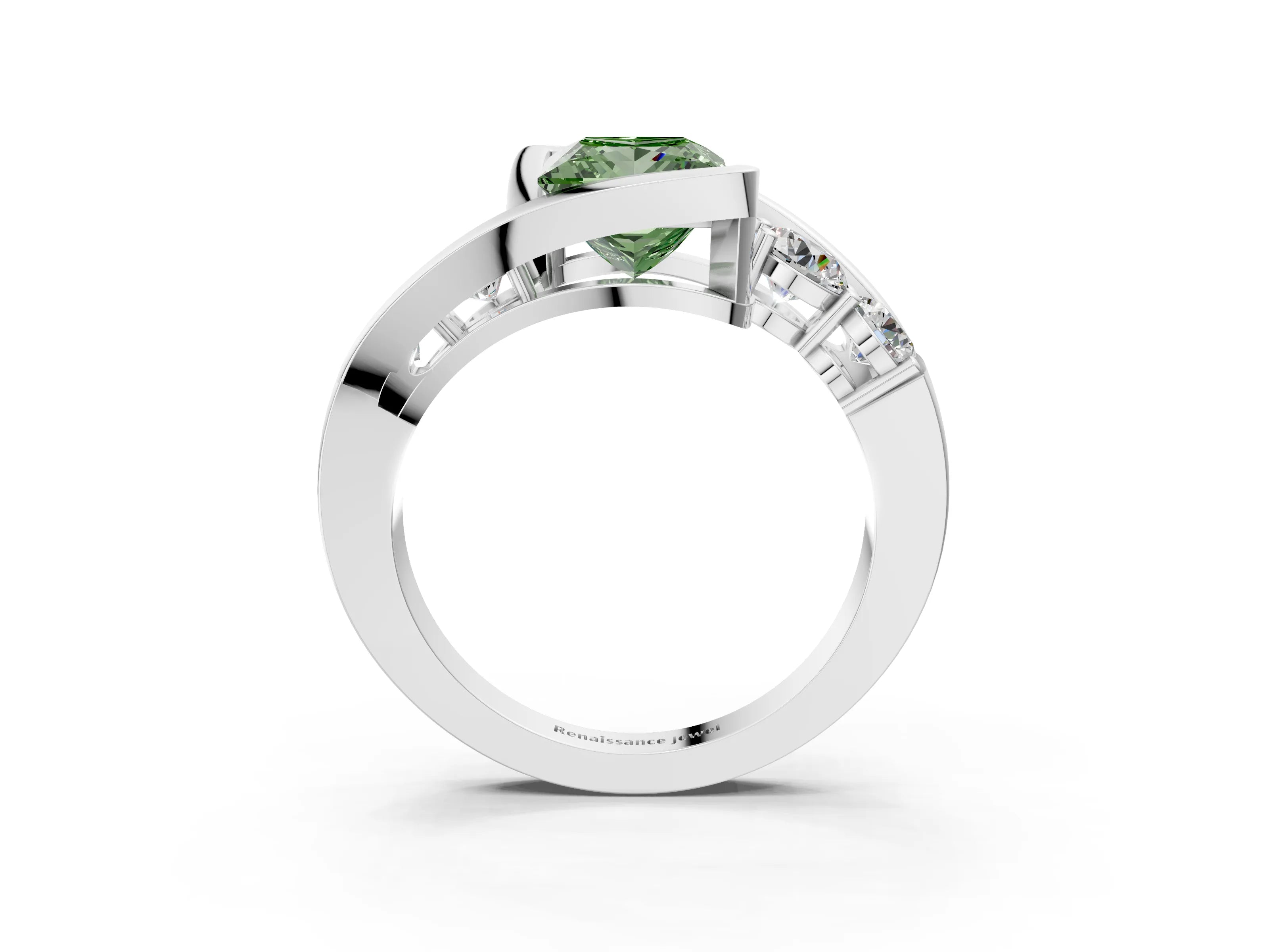White gold Bezel Set Fancy Green Princess Cut Diamond Split Shank Ring_3