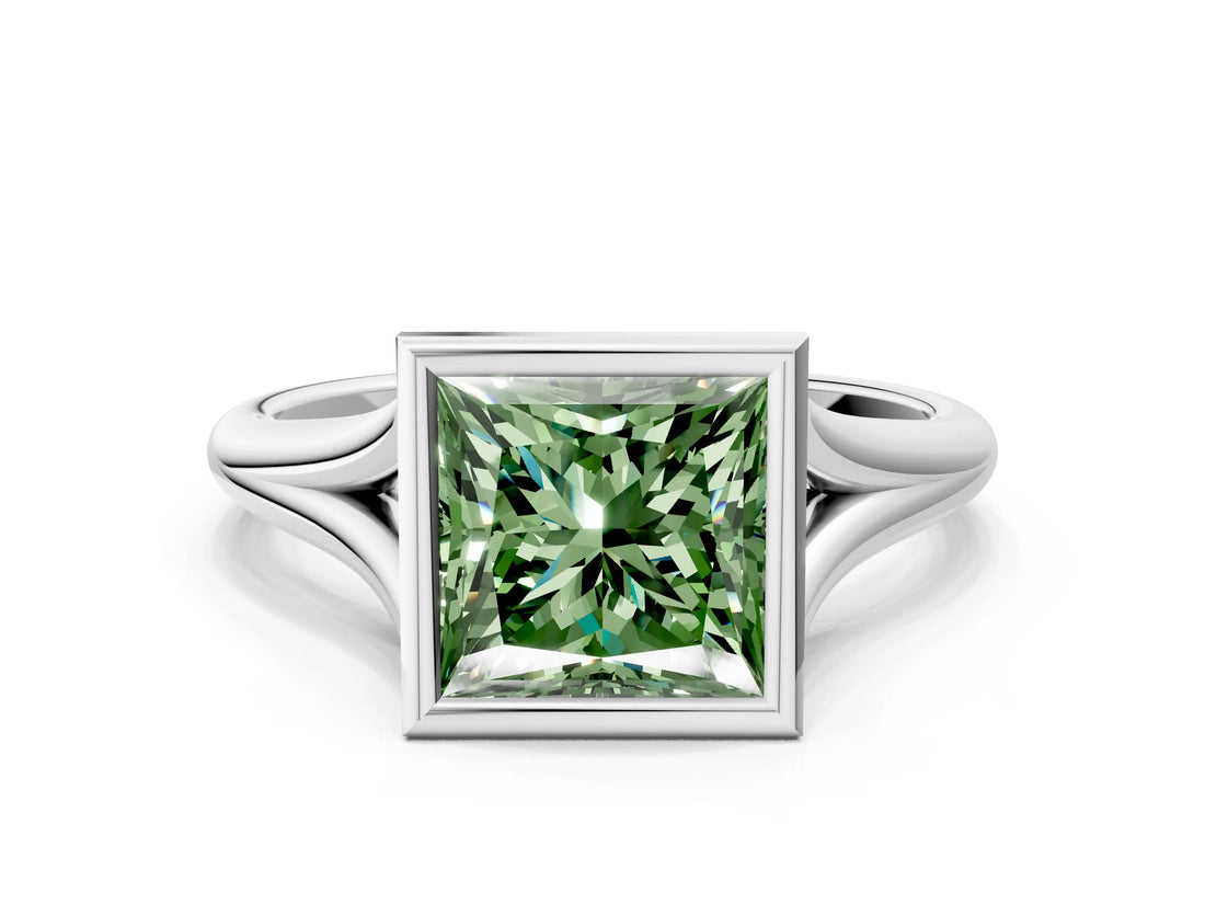 White gold Bezel Set Fancy Green Princess  Cut Solitaire Ring with Tapered Band 3