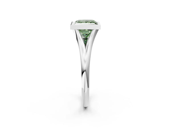 White gold Bezel Set Fancy Green Princess  Cut Solitaire Ring with Tapered Band