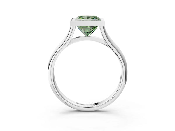 White gold Bezel Set Fancy Green Princess  Cut Solitaire Ring with Tapered Band