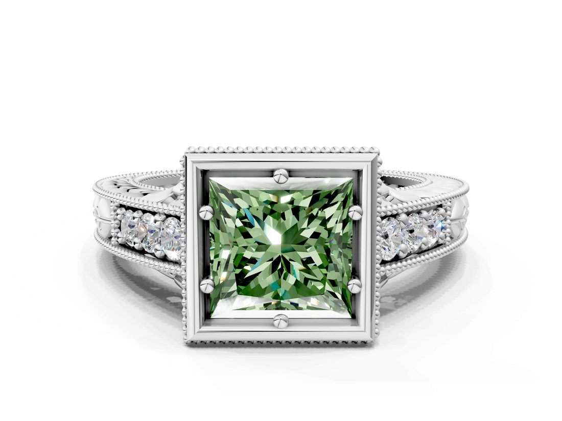 White gold Bezel Set Fancy Green Princess  Diamond Milgrain Pave Engagement Ring
