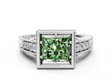 White gold Bezel Set Fancy Green Princess  Diamond Milgrain Pave Engagement Ring