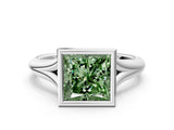 White gold Bezel Set Fancy Green Princess  Solitaire Diamond Ring with Smooth Band