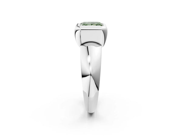 White gold Bezel Set Fancy Green Princess  Solitaire Ring with Wide Band