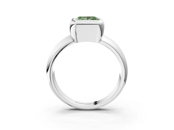 White gold Bezel Set Fancy Green Princess  Solitaire Ring with Wide Band