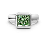 White gold Bezel Set Fancy Green Princess  Solitaire Ring with Wide Band