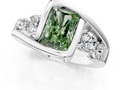 White gold Bezel Set Fancy Green Radiant Cut Diamond Split Shank Ring_1
