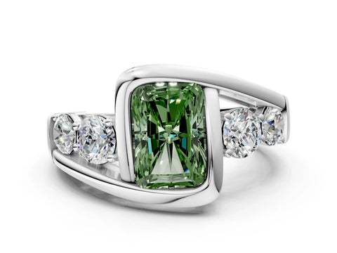 White gold Bezel Set Fancy Green Radiant Cut Diamond Split Shank Ring_36
