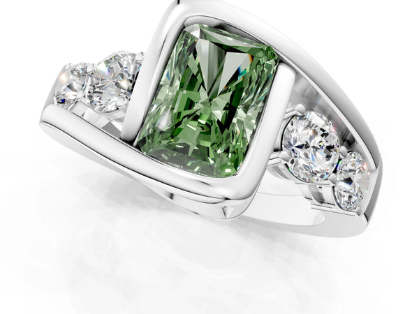 White Gold Radiant Cut Bezel Bypass Engagement Ring Setting for Fancy Green Center