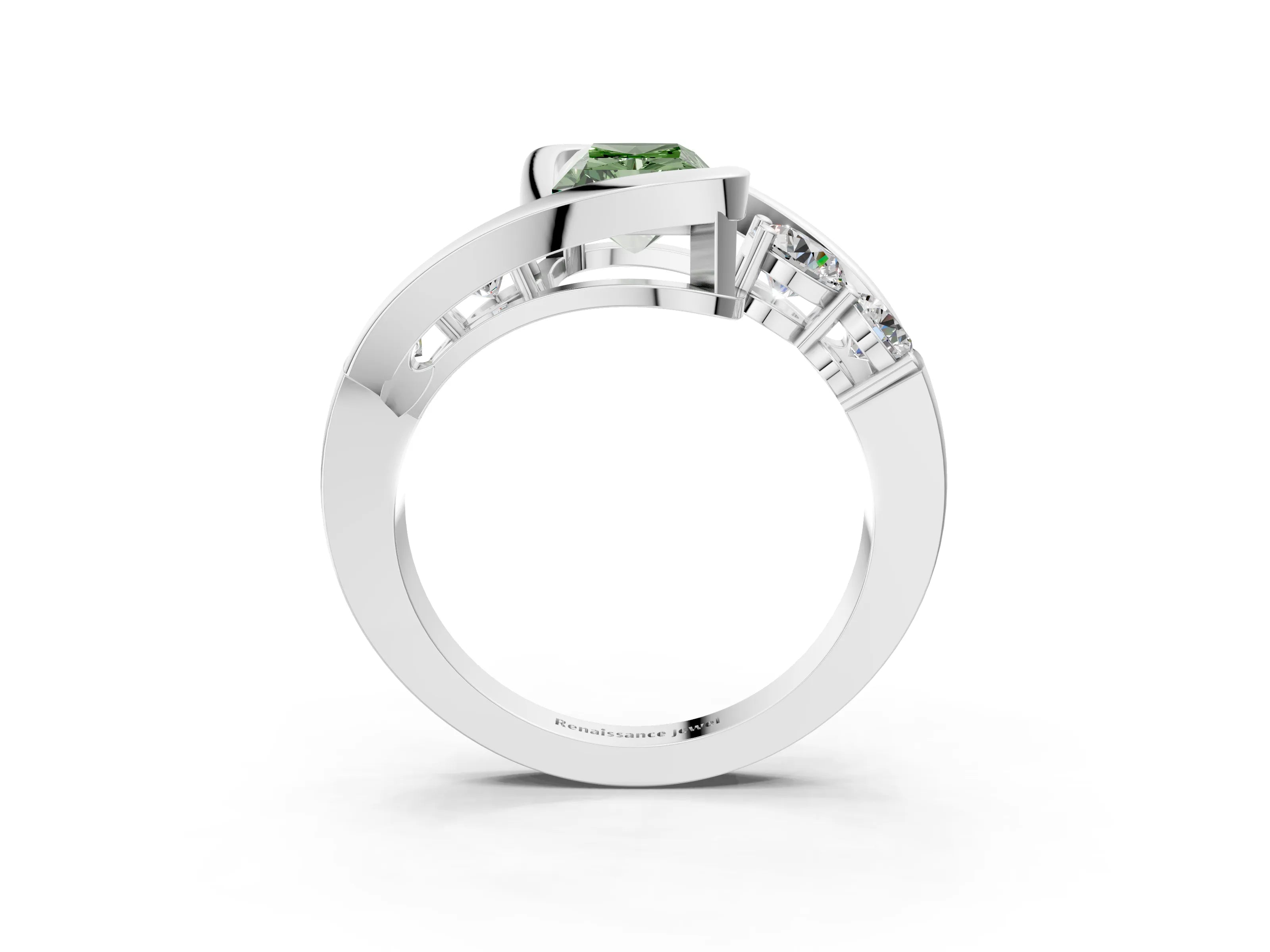 White gold Bezel Set Fancy Green Radiant Cut Diamond Split Shank Ring_3