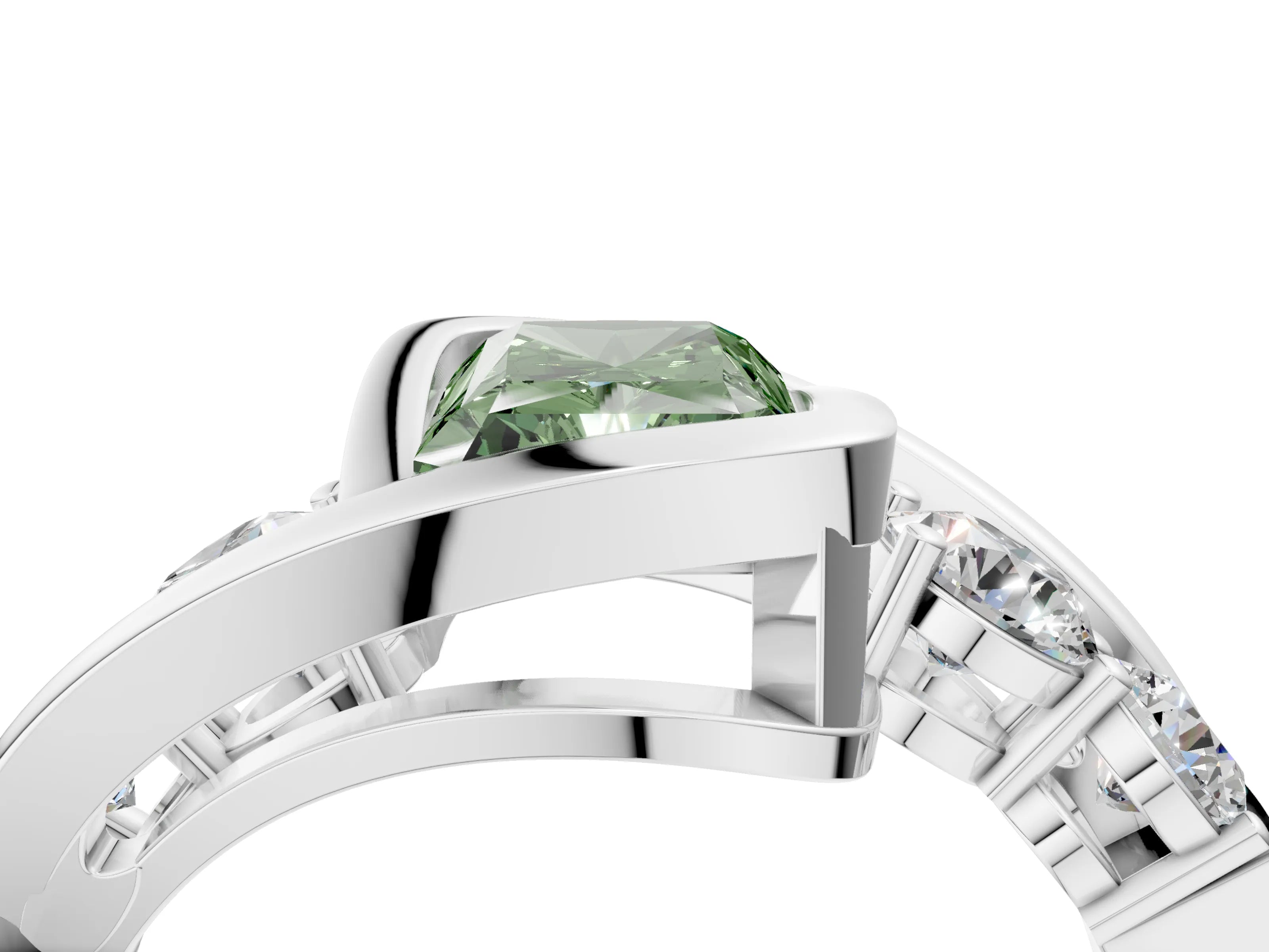 White gold Bezel Set Fancy Green Radiant Cut Diamond Split Shank Ring_4