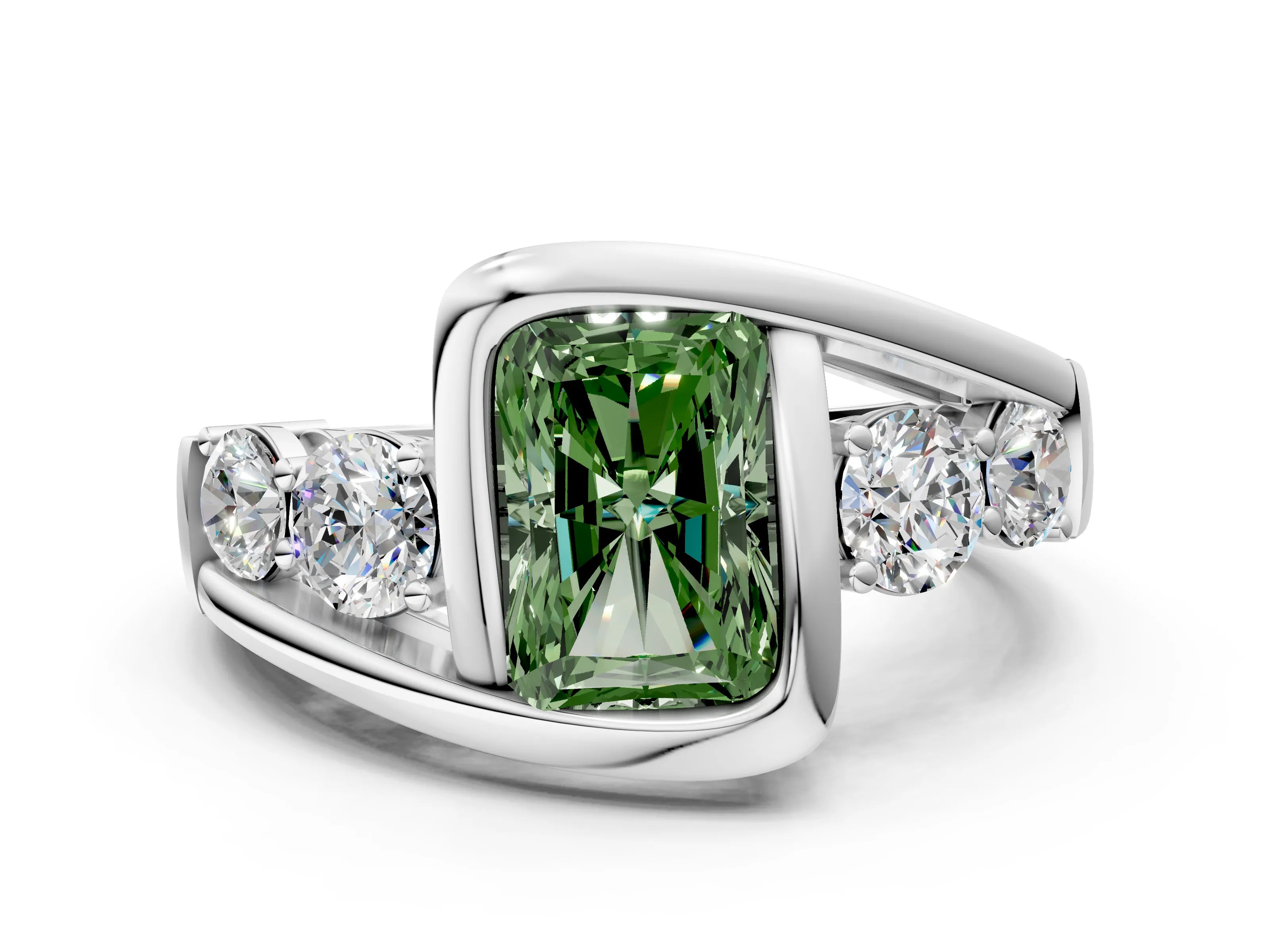 White gold Bezel Set Fancy Green Radiant Cut Diamond Split Shank Ring_48