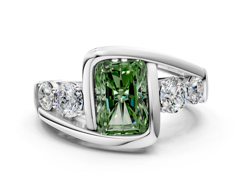 White gold Bezel Set Fancy Green Radiant Cut Diamond Split Shank Ring_48