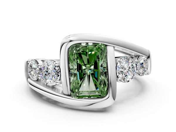White Gold Radiant Cut Bezel Bypass Engagement Ring Setting for Fancy Green Center