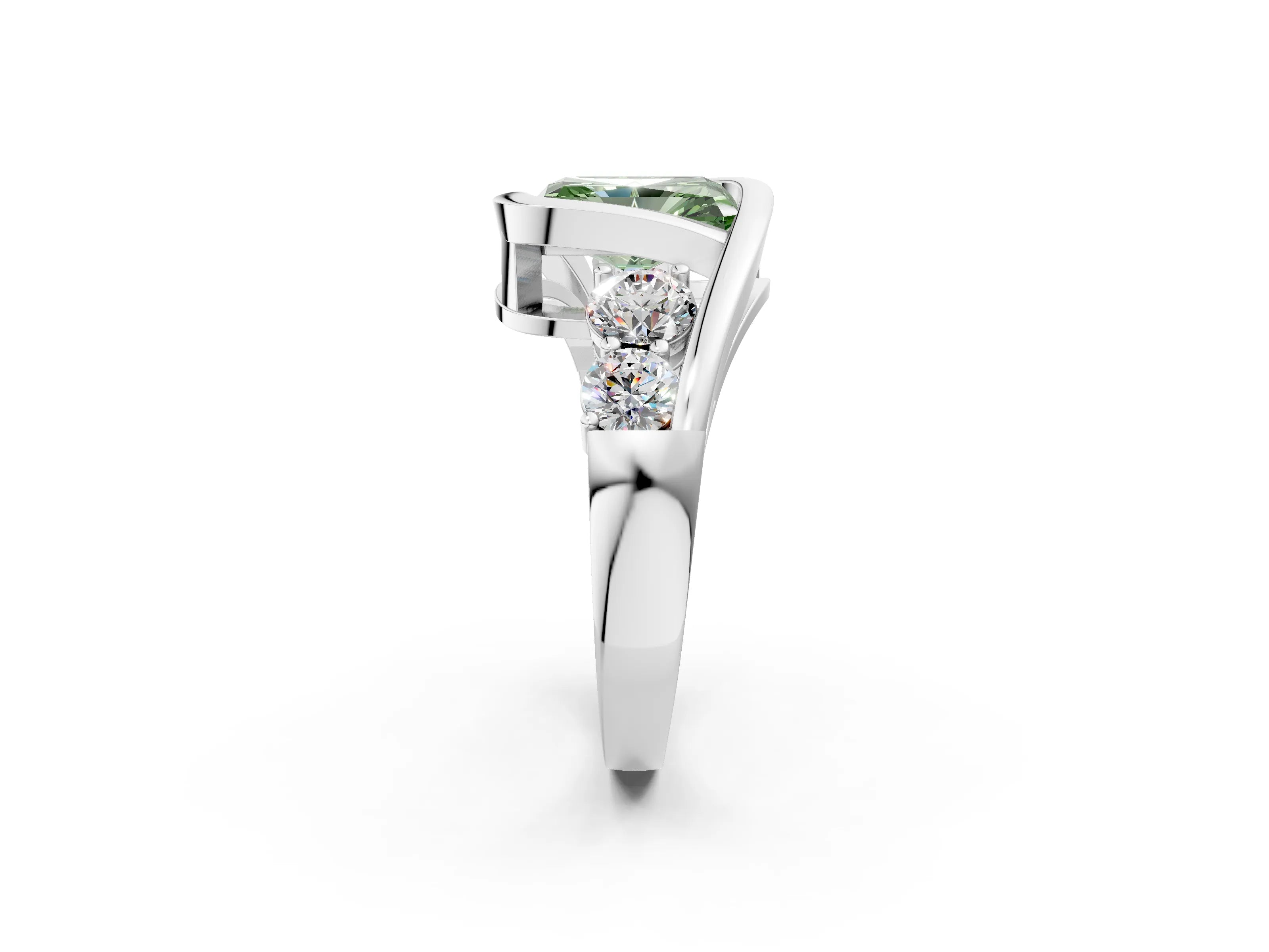 White gold Bezel Set Fancy Green Radiant Cut Diamond Split Shank Ring_51