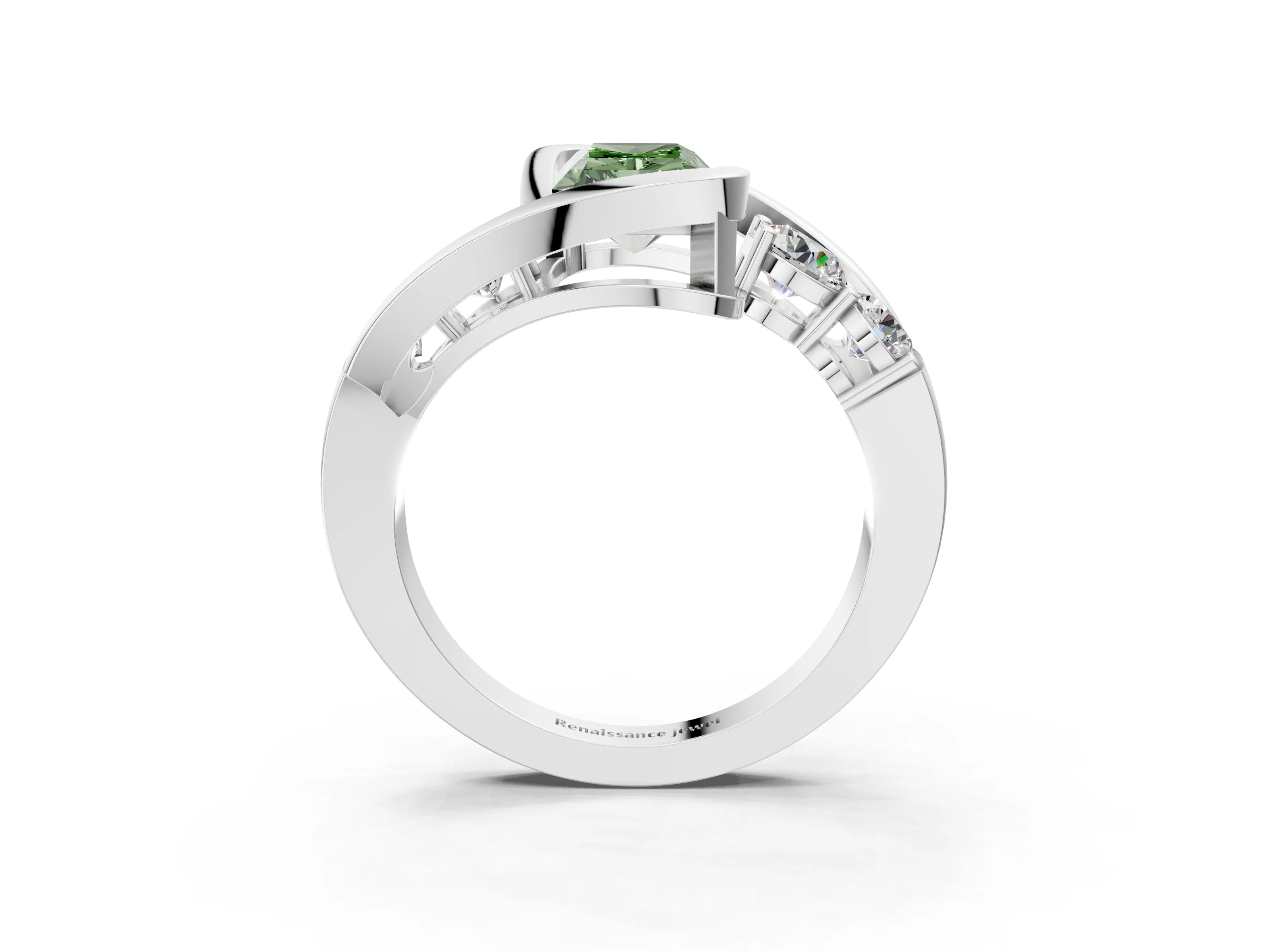 White gold Bezel Set Fancy Green Radiant Cut Diamond Split Shank Ring_52