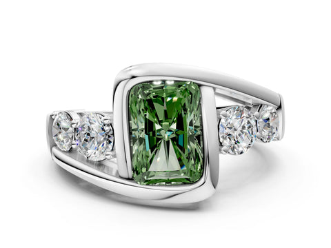 White gold Bezel Set Fancy Green Radiant Cut Diamond Split Shank Ring