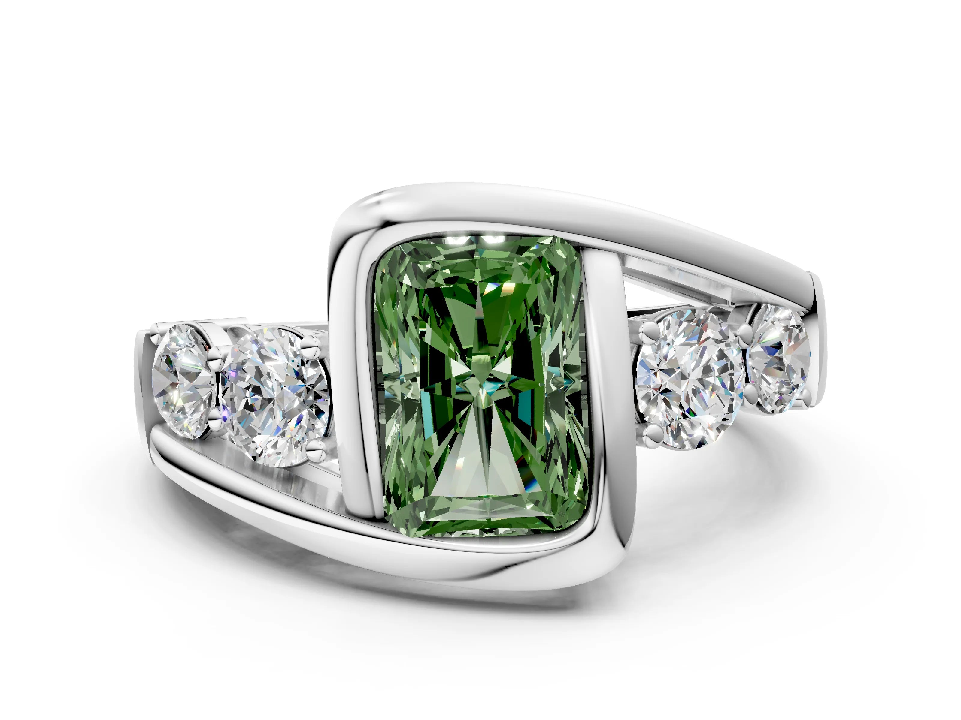 White gold Bezel Set Fancy Green Radiant Cut Diamond Split Shank Ring