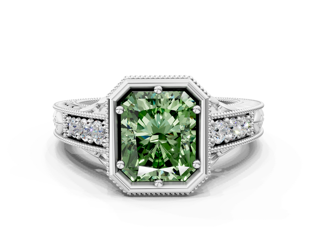 White gold Bezel Set Fancy Green Radiant  Diamond Milgrain Pave Engagement Ring_30
