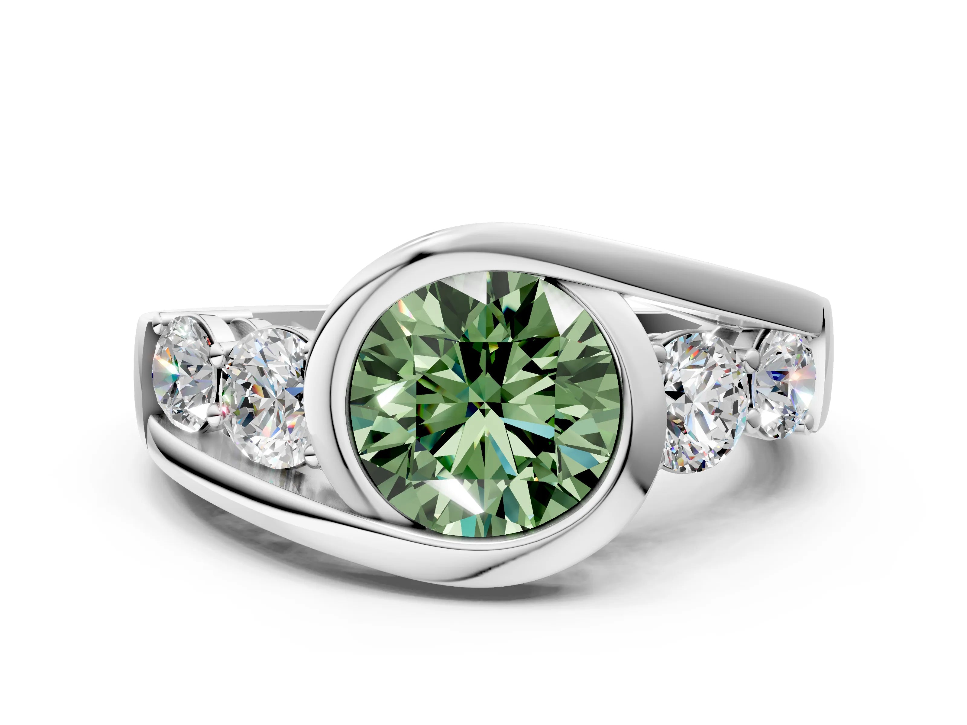 White gold Bezel Set Fancy Green Round Cut Diamond Split Shank Ring