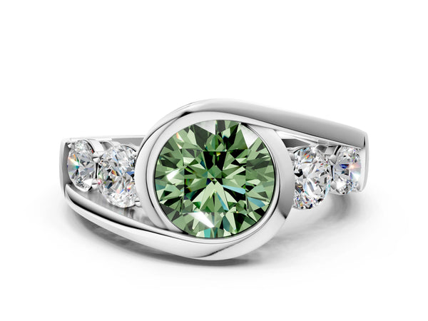 Platinum Bezel Set Fancy Green Round Cut Diamond Split Shank Ring