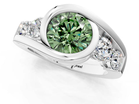 White gold Bezel Set Fancy Green Round Cut Diamond Split Shank Ring_1