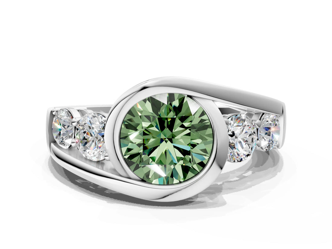 White gold Bezel Set Fancy Green Round Cut Diamond Split Shank Ring_24
