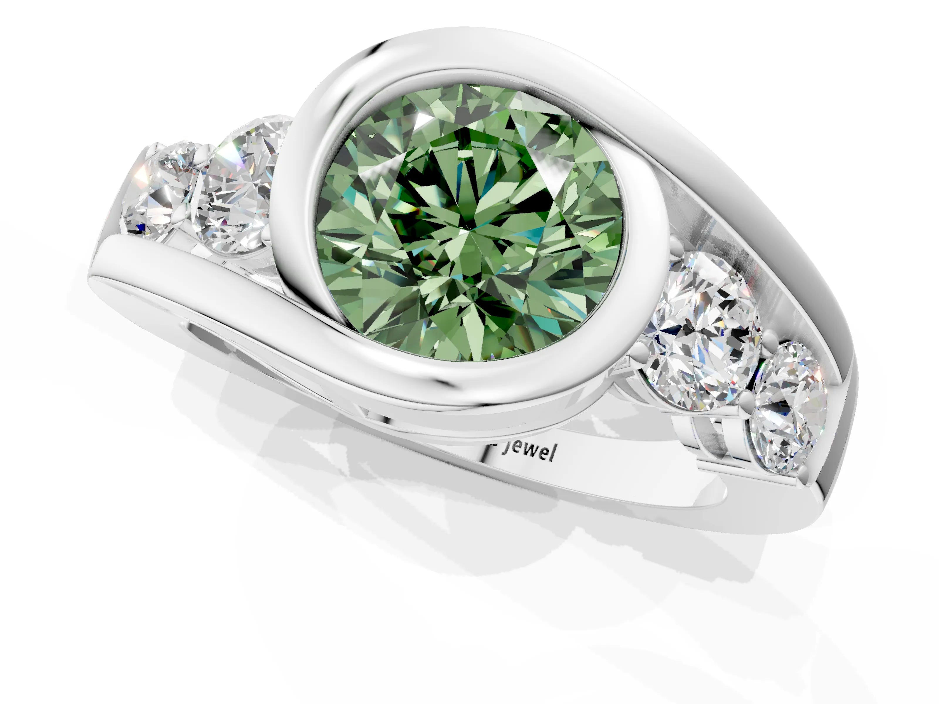 White gold Bezel Set Fancy Green Round Cut Diamond Split Shank Ring_25