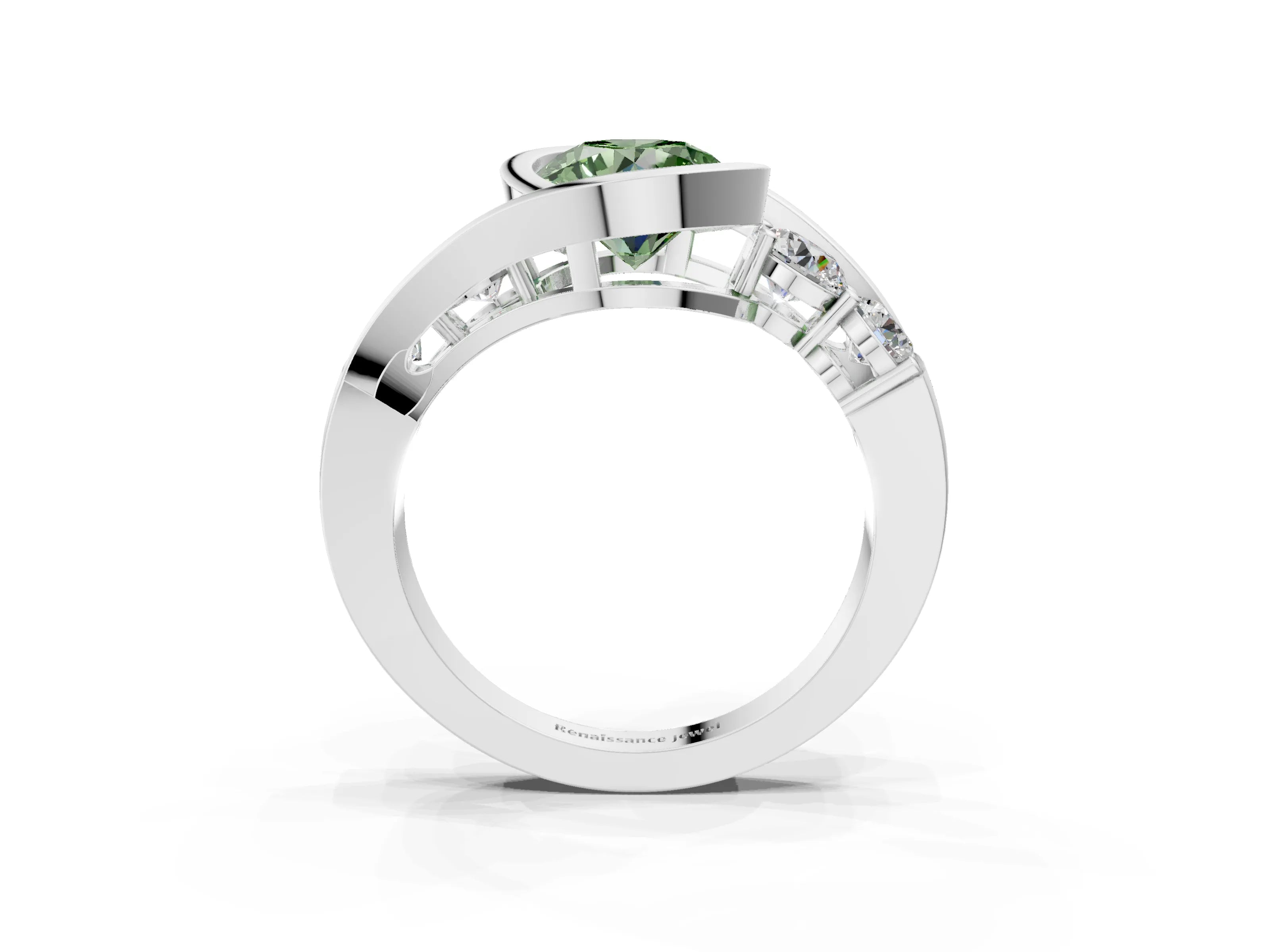 White gold Bezel Set Fancy Green Round Cut Diamond Split Shank Ring_27