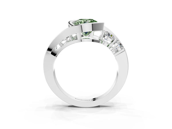 White Gold Round Bezel Bypass Engagement Ring Setting for Fancy Green Center with Round Side Accents