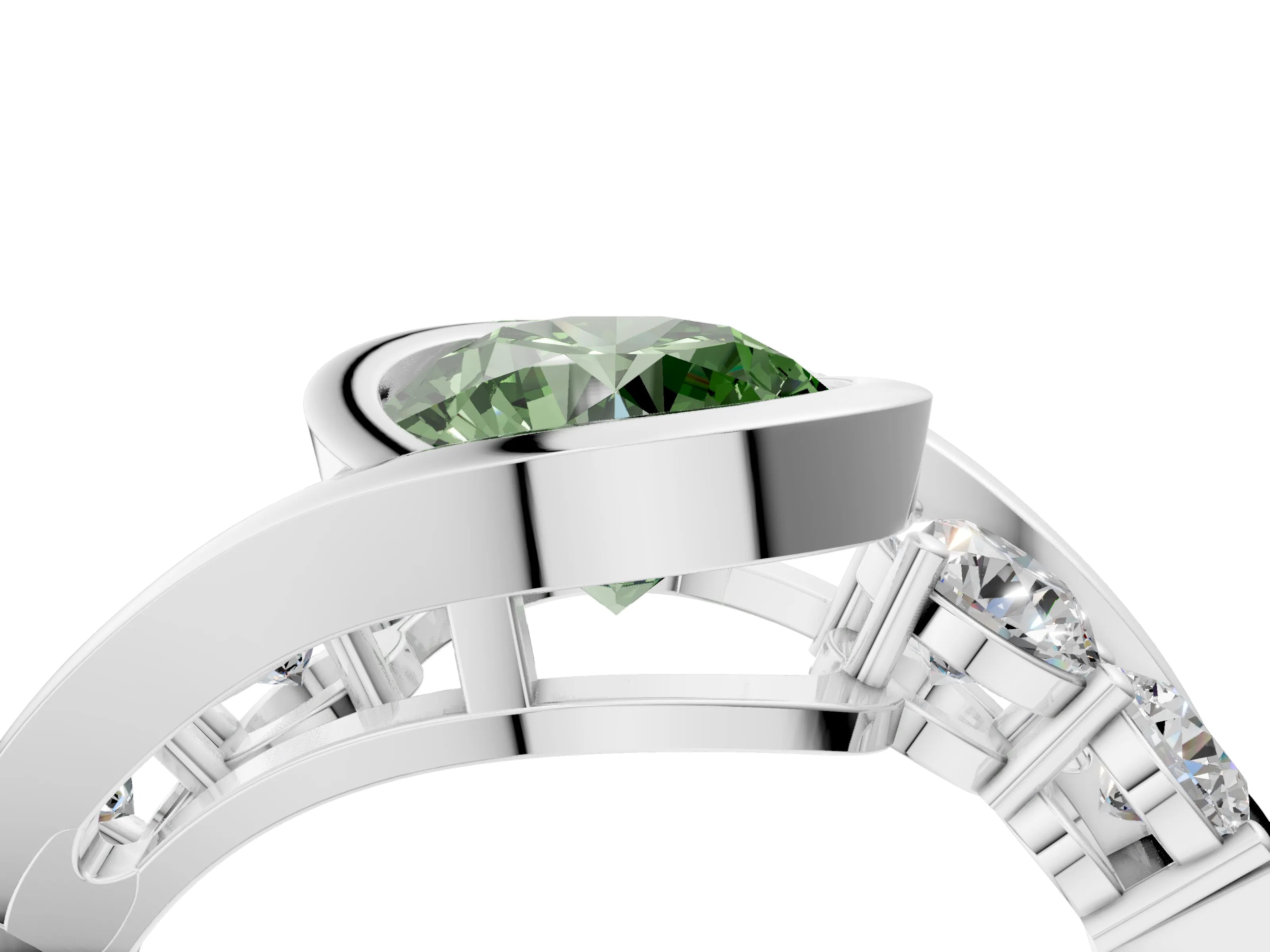 White gold Bezel Set Fancy Green Round Cut Diamond Split Shank Ring_28