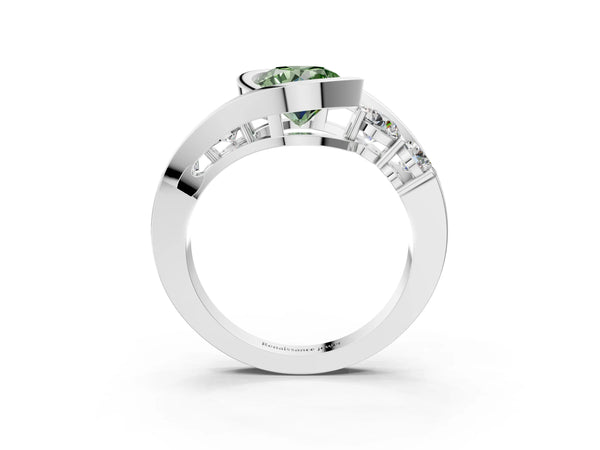 Platinum Bezel Set Fancy Green Round Cut Diamond Split Shank Ring