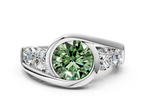 White gold Bezel Set Fancy Green Round Cut Diamond Split Shank Ring