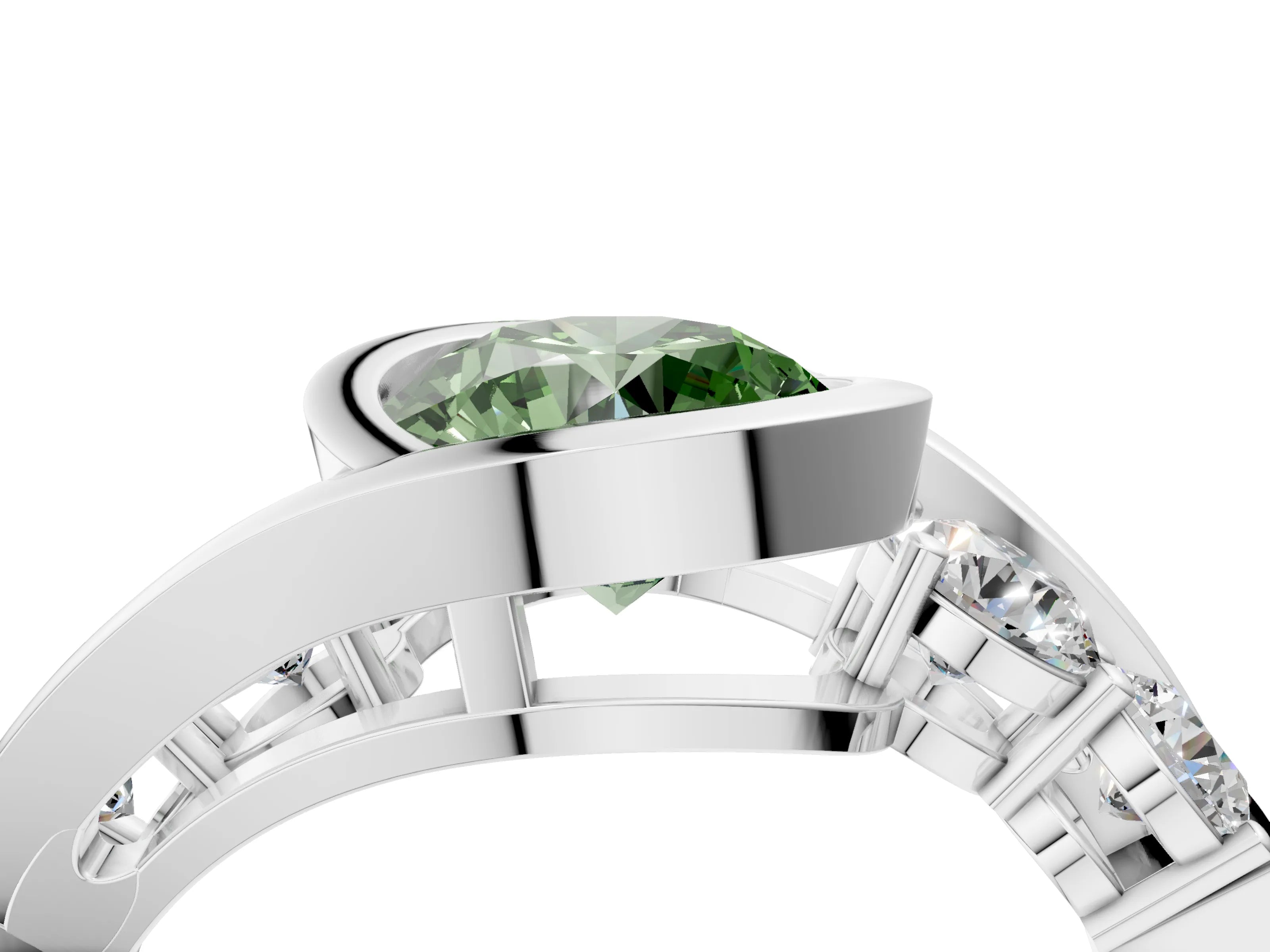 White gold Bezel Set Fancy Green Round Cut Diamond Split Shank Ring_4