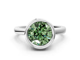 White gold Bezel Set Fancy Green Round Cut Solitaire Engagement Ring with Classic Band