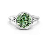 White gold Bezel Set Fancy Green Round  Cut Solitaire Ring with Tapered Band