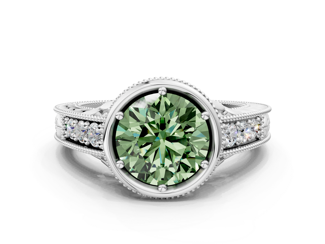 White gold Bezel Set Fancy Green Round  Diamond Milgrain Pave Engagement Ring_33