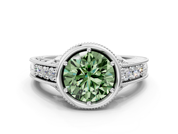 Platinum Bezel Set Fancy Green Round  Diamond Milgrain Pave Engagement Ring