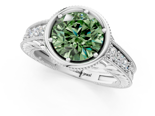 Platinum Bezel Set Fancy Green Round  Diamond Milgrain Pave Engagement Ring