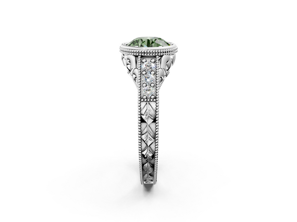 Platinum Bezel Set Fancy Green Round  Diamond Milgrain Pave Engagement Ring
