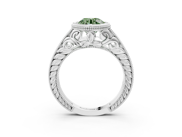 Platinum Bezel Set Fancy Green Round  Diamond Milgrain Pave Engagement Ring