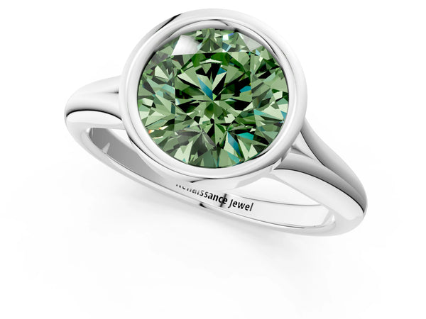 White gold Bezel Set Fancy Green Round  Solitaire Diamond Ring with Smooth Band