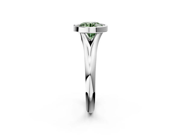 White gold Bezel Set Fancy Green Round  Solitaire Diamond Ring with Smooth Band