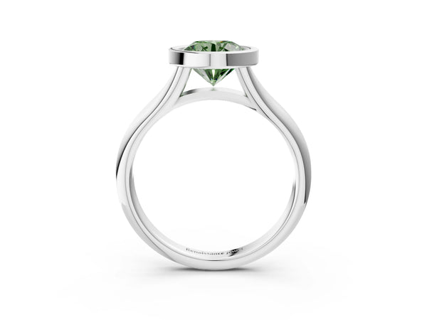 White gold Bezel Set Fancy Green Round  Solitaire Diamond Ring with Smooth Band