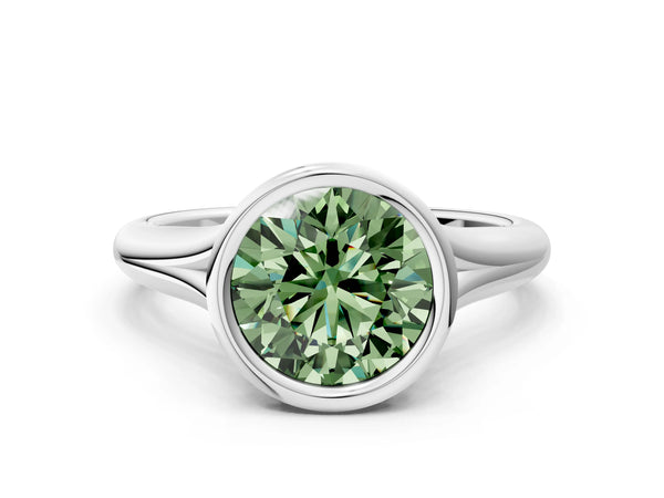 White gold Bezel Set Fancy Green Round  Solitaire Diamond Ring with Smooth Band