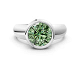 White gold Bezel Set Fancy Green Round  Solitaire Ring with Wide Band 1