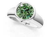 White gold Bezel Set Fancy Green Round  Solitaire Ring with Wide Band 2